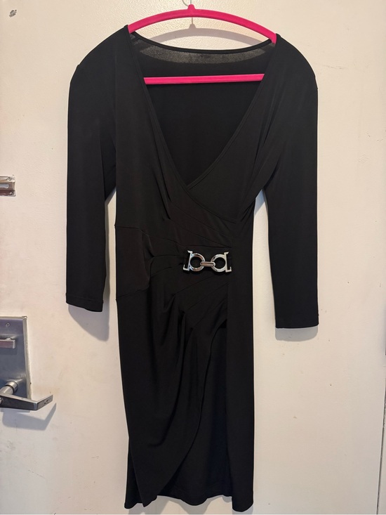 Dresses & Skirts - Classic Black Wrap-Style Women's Dress with Silver Accent